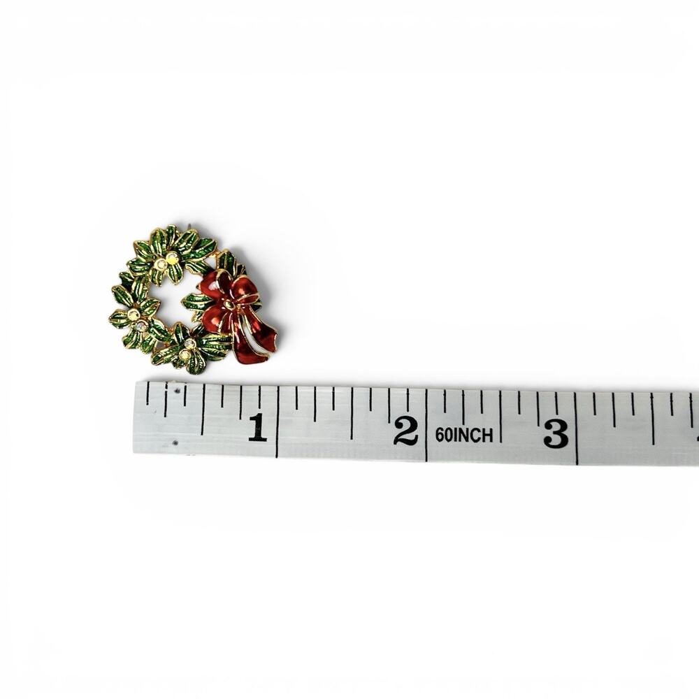 Holiday Enamel Pierced Earrings Green Wreath Red Bow Gold Tone Post Festive - Picture 5 of 5